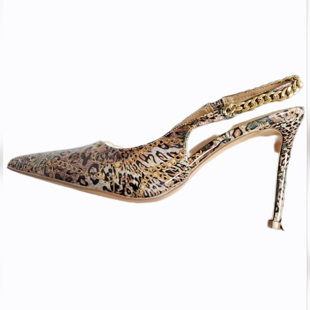 NWT LEOPARD PRINT POINTED TOE STILLETTO HEEL PUMPS CHAIN DETAIL: SIZE 8.5! - Picture 12 of 16